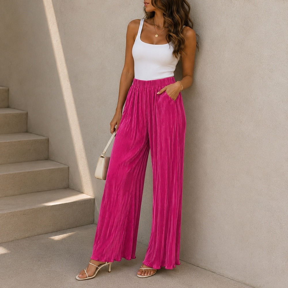 Barbiecore Pink Plisse Pleated Statement Wide Leg Pants Womens Size M High Waist